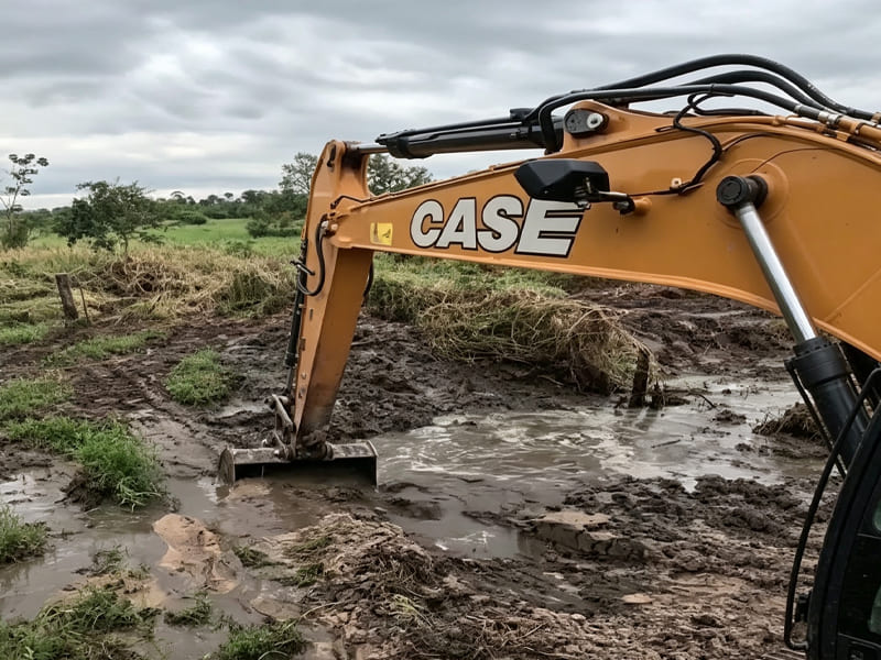 CASE brand excavator digging in muddy water‑logged farmland