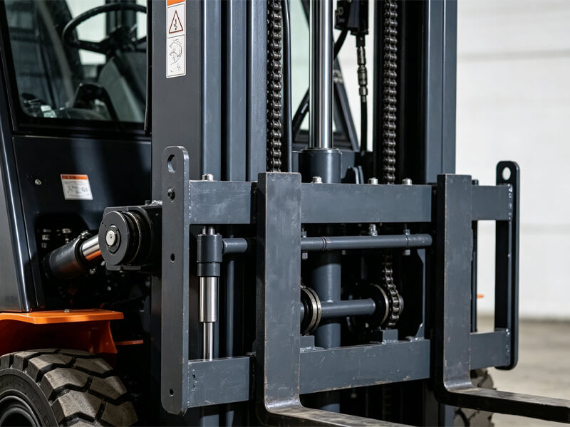 Forklift front view showing carriage, side‑shift cylinder, mast chains and fork mounting structure