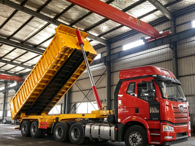 Red tractor and yellow dump semi‑trailer, hydraulic cylinder lifting cargo box inside workshop