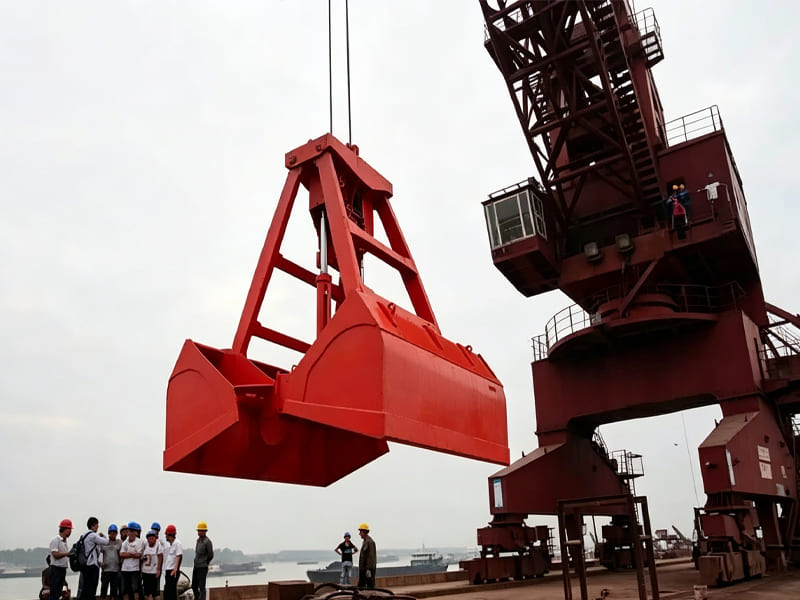 Red hydraulic grab bucket hanging on port crane, dock working site with workers