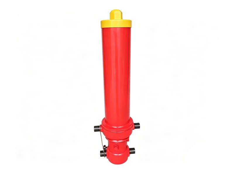 Single vertical red multi‑stage telescopic tipping hydraulic cylinder on white background