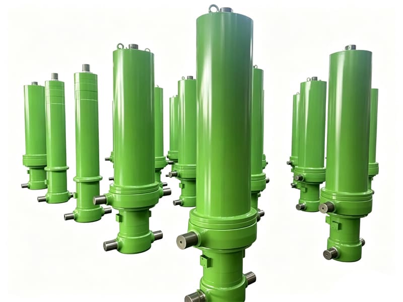 Batch of green multi‑stage telescopic dump truck hydraulic cylinders on white background