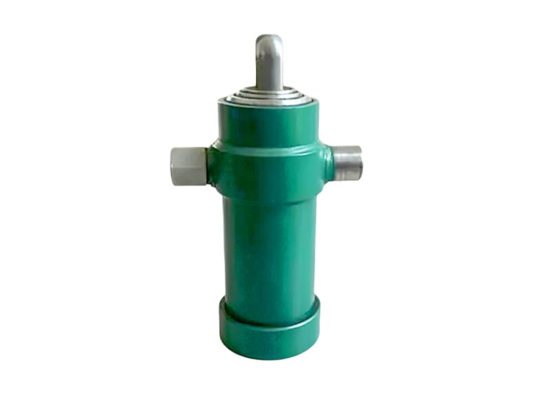 Green small telescopic hydraulic cylinder, top piston rod out, white background