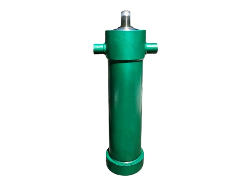 Green medium‑size telescopic hydraulic cylinder for tipping truck, white background