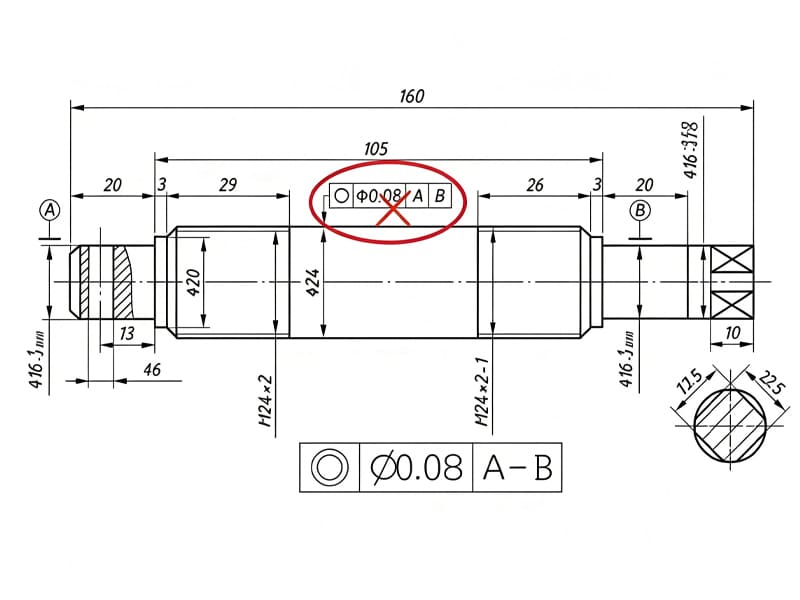 Technical drawing of hydraulic cylinder piston rod, marked with circular runout tolerance Ø0.08 A‑B