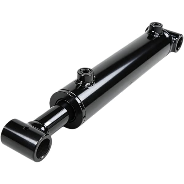 Heavy‑duty black welded hydraulic cylinder for farm equipment, studio product shot