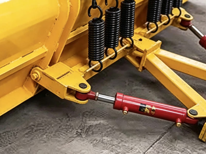 Red hydraulic cylinder installed on yellow snow plow equipment