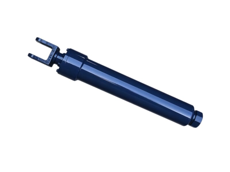 Dark blue hydraulic cylinder with clevis mounting end for heavy machinery