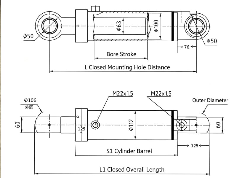 Silver grey eye-to-eye hydraulic cylinder, both ends with spherical bearing eyes