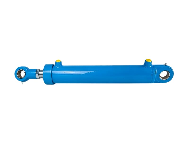 Bright blue double acting hydraulic cylinder with two oil ports and rod end eye mount