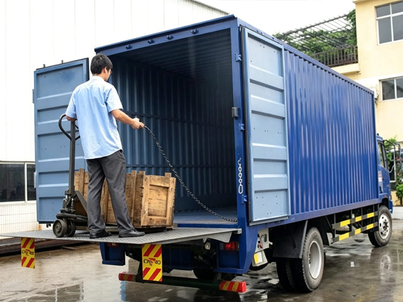 Worker standing on hydraulic tailgate, loading cargo box into blue box truck