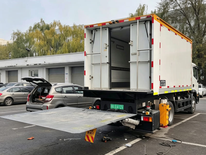 Hydraulic tailgate mounted on the rear of box truck for cargo loading and unloading