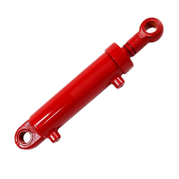 Red welded hydraulic cylinder with rod end and base earring mounts