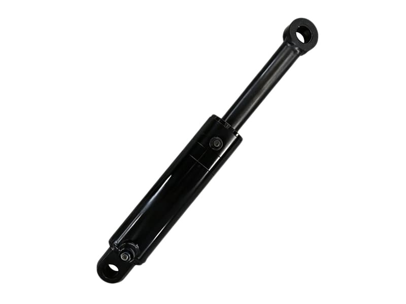 Small black hydraulic cylinder with double trunnion eye mount