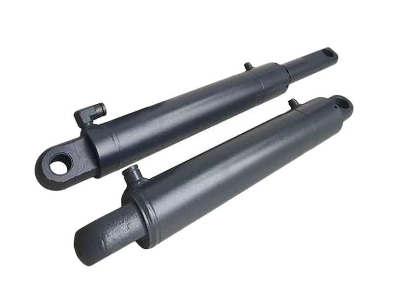 Two heavy-duty grey hydraulic cylinders for construction equipment