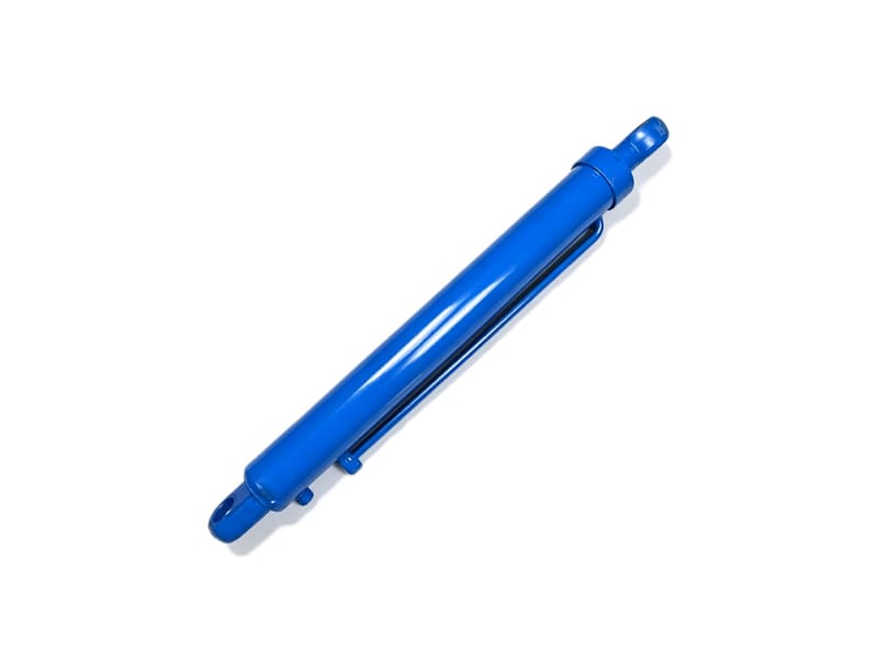 Blue welded double acting hydraulic cylinder for truck tail lift, white background