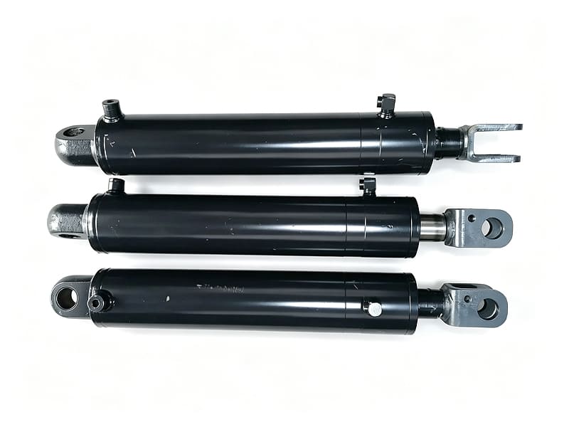 Three black welded hydraulic cylinders with different end fittings, truck tail lift spare parts