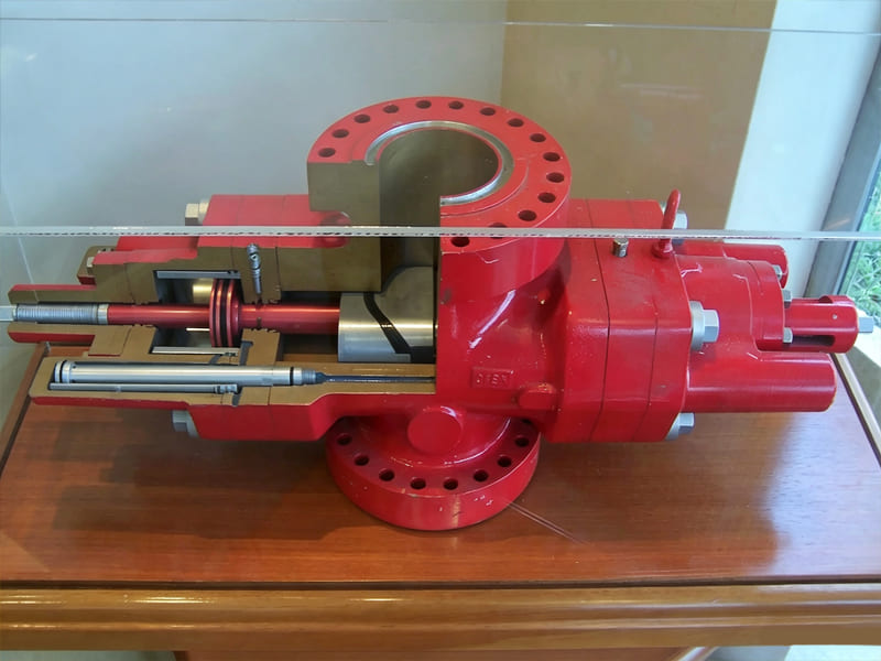 Red blowout preventer cutaway section display model