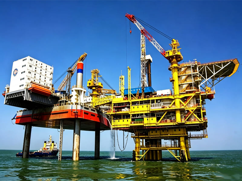 Offshore oil and gas production platform working at sea