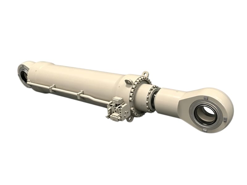 Off-white large hydraulic cylinder with built-in position sensor and hinged ear mounts