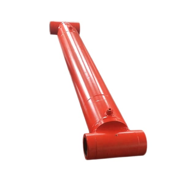 Long red welded hydraulic cylinder for heavy machinery equipment