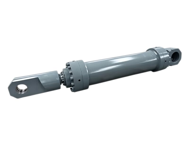 Grey heavy hydraulic cylinder with double hinge mounting lugs for mining equipment