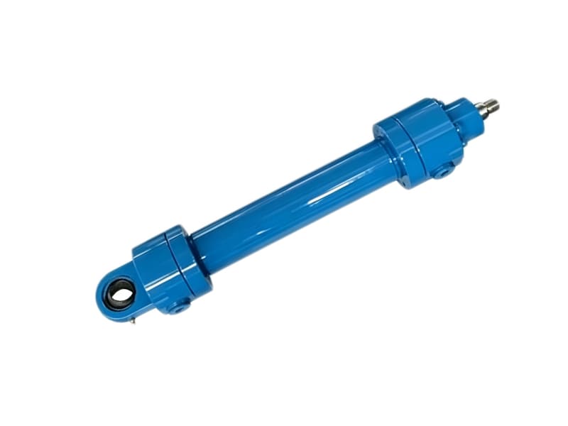 Compact blue hydraulic cylinder with pivot eyes for industrial machinery
