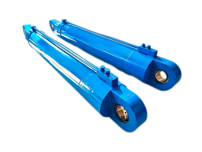 Pair of blue hydraulic cylinders integrated with hydraulic valve blocks