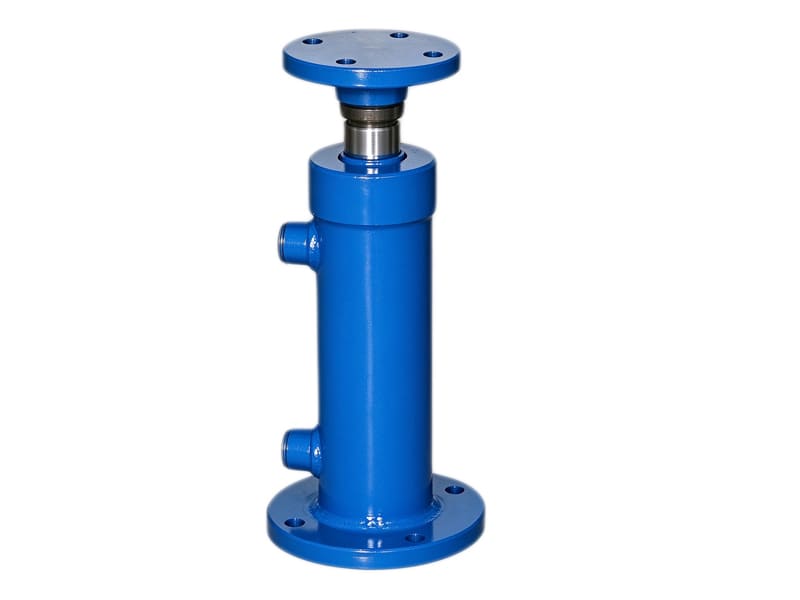 Blue hydraulic cylinder with top and bottom flange connection for industrial equipment