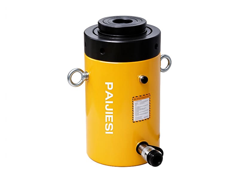 Yellow hollow hydraulic lifting cylinder jack with lifting lugs for tensioning work