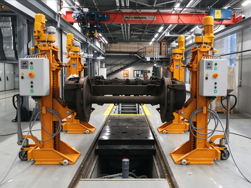 Multiple yellow electric rail bogie lifting jacks lifting railway bogie, maintenance workshop scene, railway vehicle overhaul equipment
