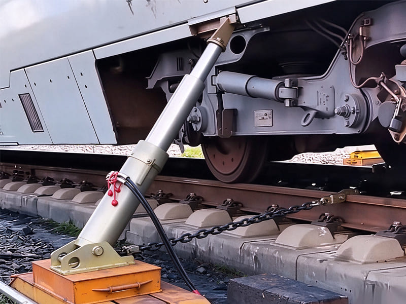 Silver hydraulic rerailing cylinder jacking high-speed train body on rail track, emergency railway rescue equipment