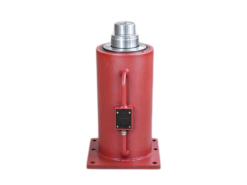 Red vertical flange-type heavy hydraulic cylinder with multi-stage piston, used for railway lifting machinery
