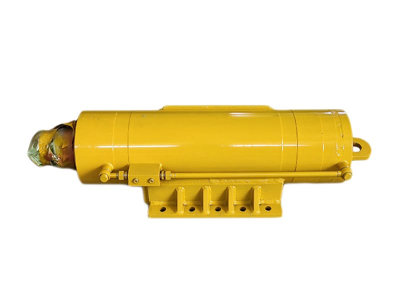 Yellow hydraulic cylinder fitted with external stroke measuring sensor, heavy load linear actuator for railway machinery