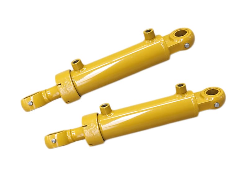 Pair of yellow double pivot eye hydraulic cylinders, double acting welded hydraulic rams for construction machinery