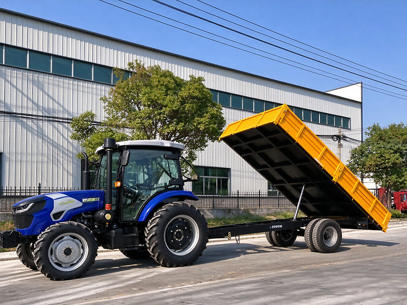 Blue farm tractor coupled with yellow hydraulic tipper trailer, trailer bed lifted for dumping, factory outdoor