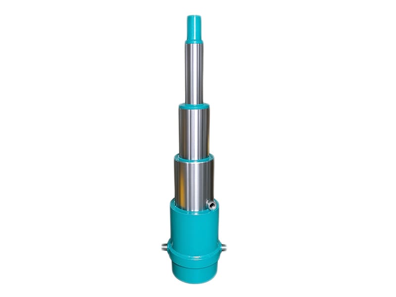 Cyan 3-stage telescopic hydraulic cylinder, trunnion mount, single acting tipper hydraulic ram.