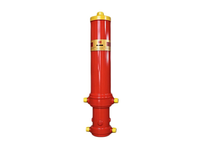 Red multi-stage telescopic hydraulic cylinder with yellow caps, high pressure hydraulic ram for dump truck.