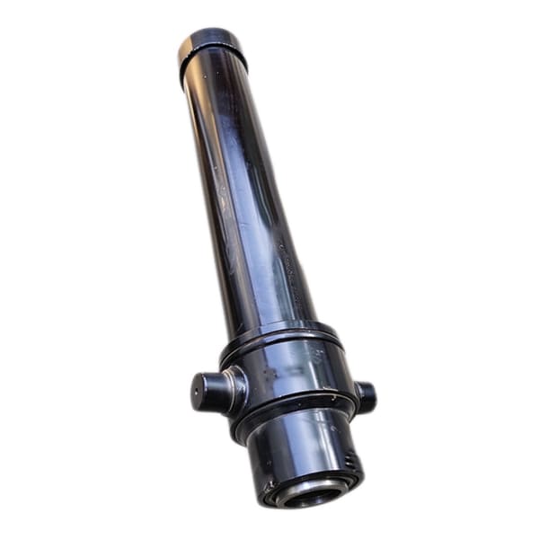 Single black multi-stage telescopic hydraulic cylinder, white background product photo for agricultural machinery