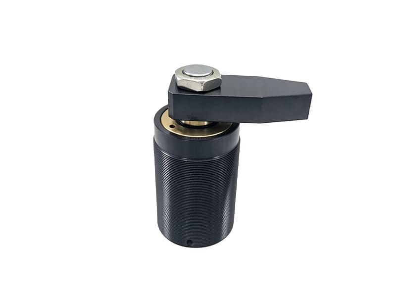 Black threaded body hydraulic swing clamp cylinder with swing arm, for fixture clamping, white background product photo