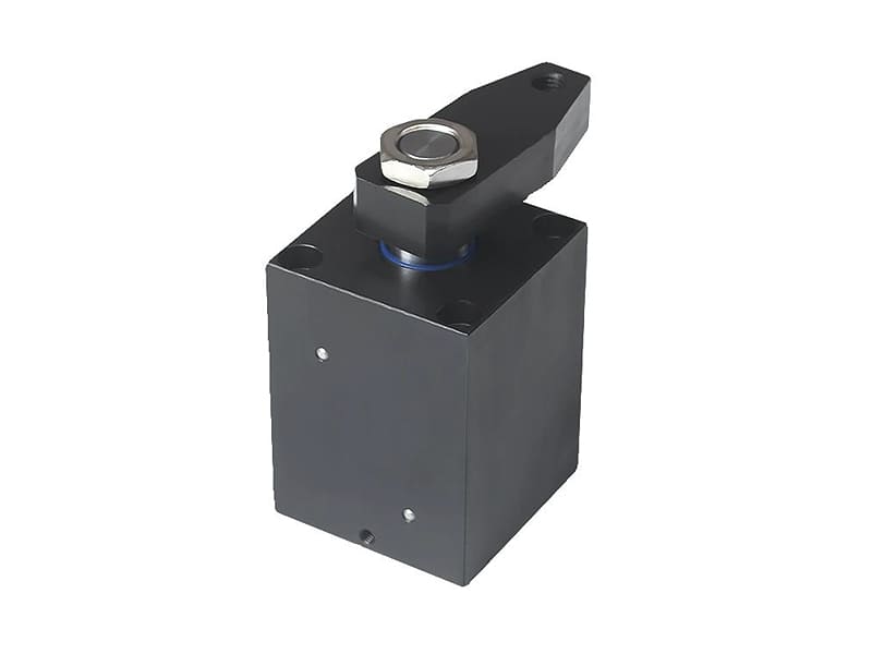 Square block hydraulic swing clamp cylinder with rotating arm, workholding fixture cylinder, isolated on white