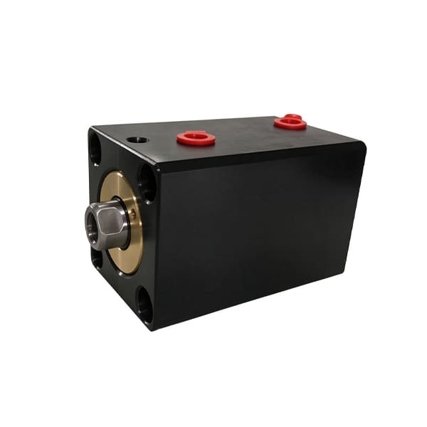 Black thin compact square hydraulic cylinder, front flange piston rod, two oil ports, short stroke block cylinder
