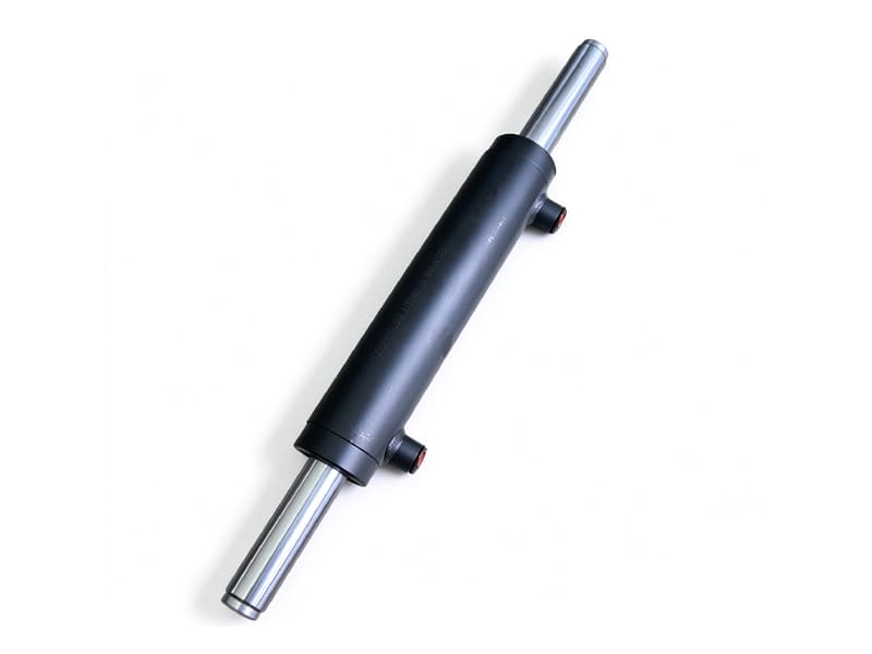 Black double rod hydraulic cylinder, double acting hydraulic ram with two oil ports, white background product photo