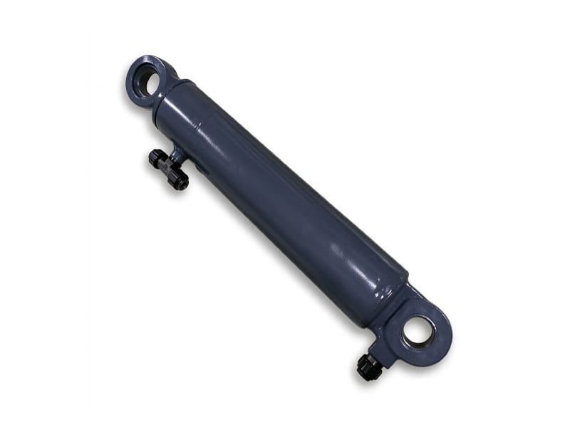 Grey welded double trunnion hydraulic cylinder with two oil ports, engineering machinery hydraulic actuator isolated on white background