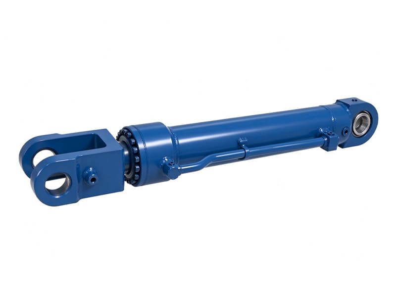 Blue welded hydraulic cylinder with integrated oil pipe and clevis end mount, industrial hydraulic actuator on white background