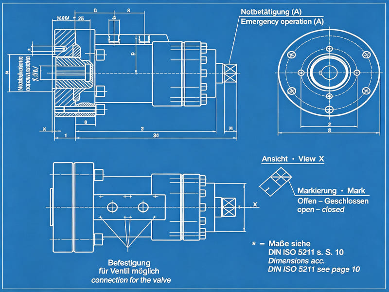 Blueprint of hydraulic cylinder with dimension marking, emergency operation structure and DIN ISO 5211 standard note