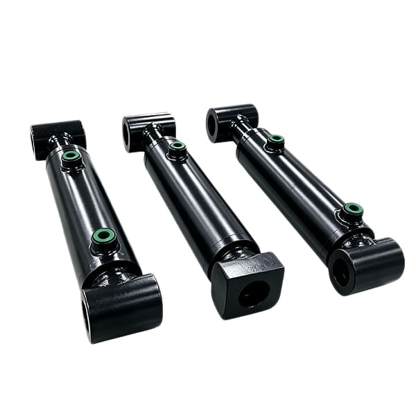 Three black welded hydraulic cylinders, double ear mounting style, white background product shot