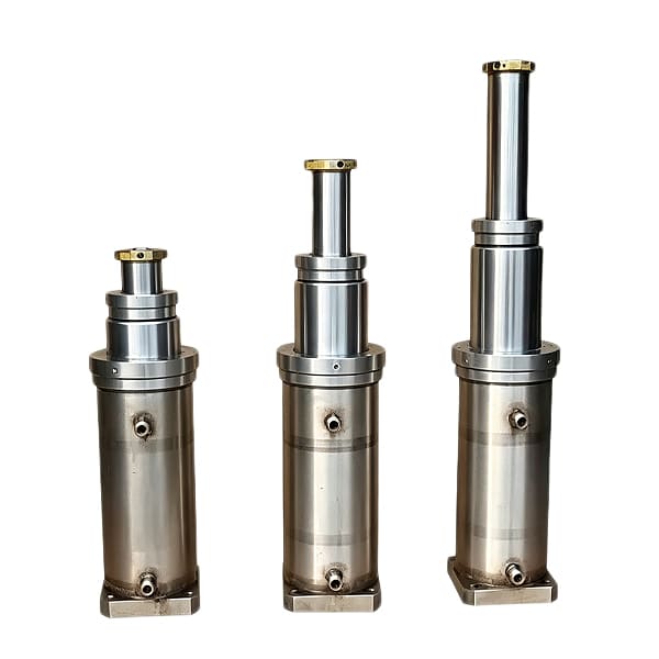 Three multi-stage telescopic stainless steel hydraulic cylinders with different strokes, white background