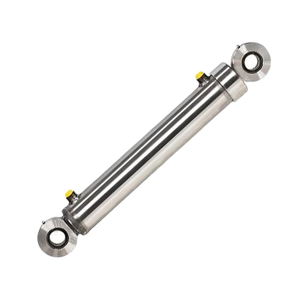 Double acting stainless steel hydraulic cylinder with both ends clevis mount, white background
