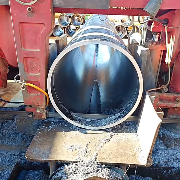 Metal band saw cutting heavy large bore steel pipe